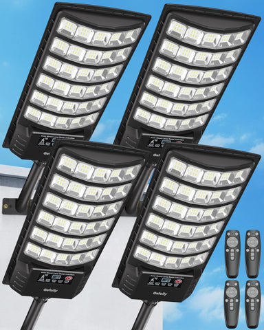 Gefolly solar street light shown in dusk-to-dawn operation for energy-efficient nighttime lighting.