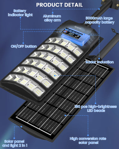 Gefolly solar street light IP68 rating withstands rain and dust for durable outdoors use.