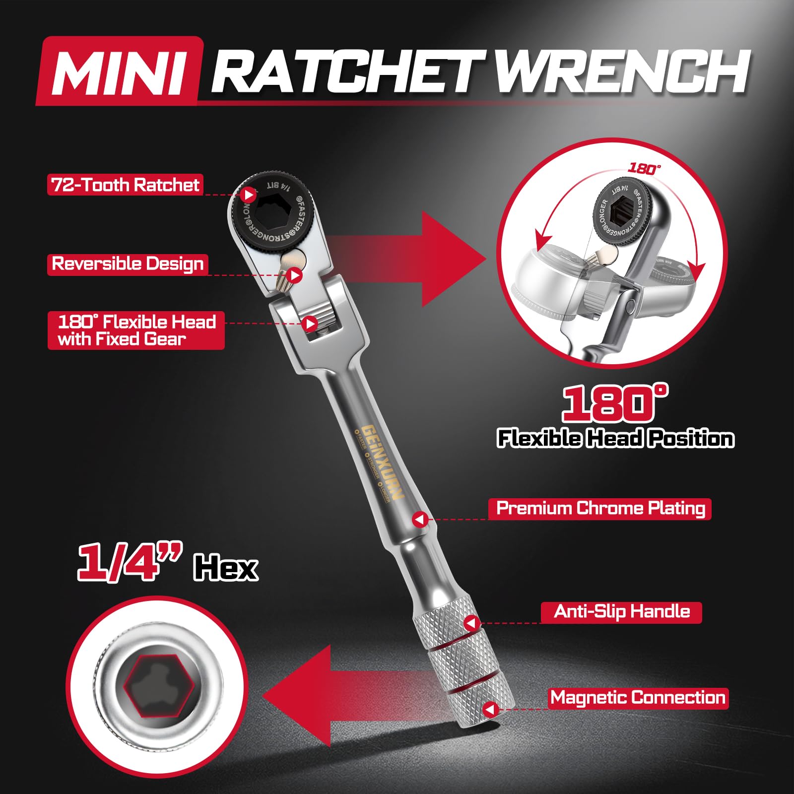 Geinxurn 13-position 180-degree pivot head for awkward bolt access