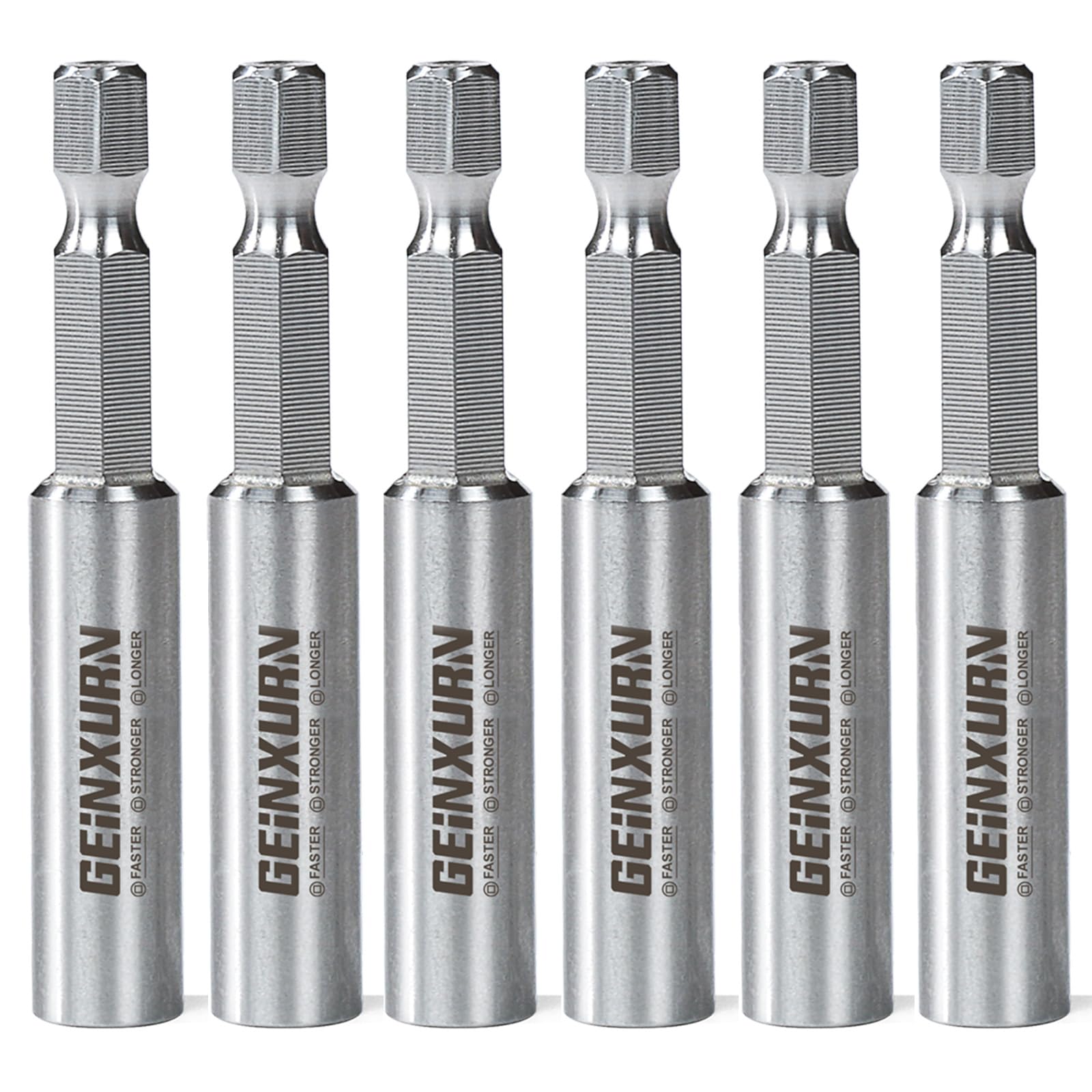 GEINXURN 6-pack bit holder in box shows durable stainless steel frame for secure quick changes.