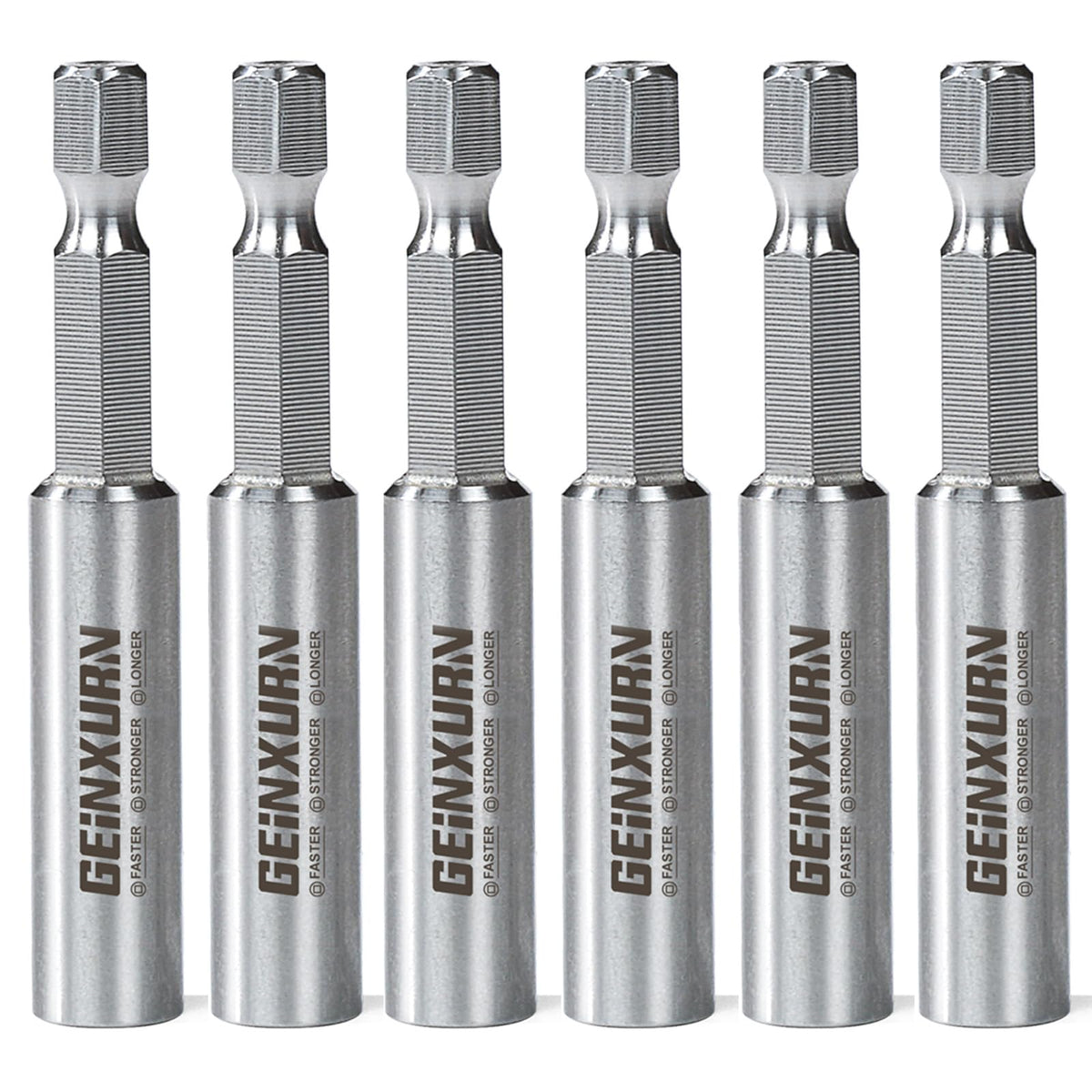 GEINXURN 6-pack bit holder in box shows durable stainless steel frame for secure quick changes.