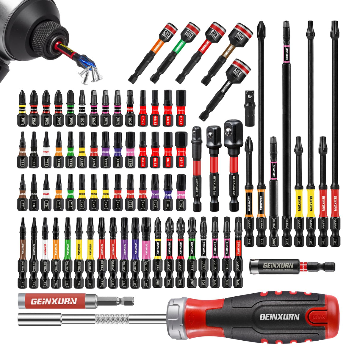 Geinxurn 82-piece screwdriver bits set laid out for versatile DIY projects.