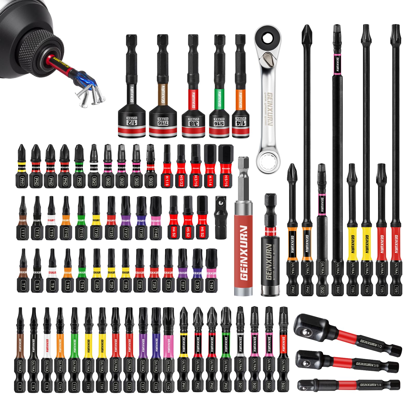 GEINXURN 82-piece impact bits set laid out in a case for versatile tasks