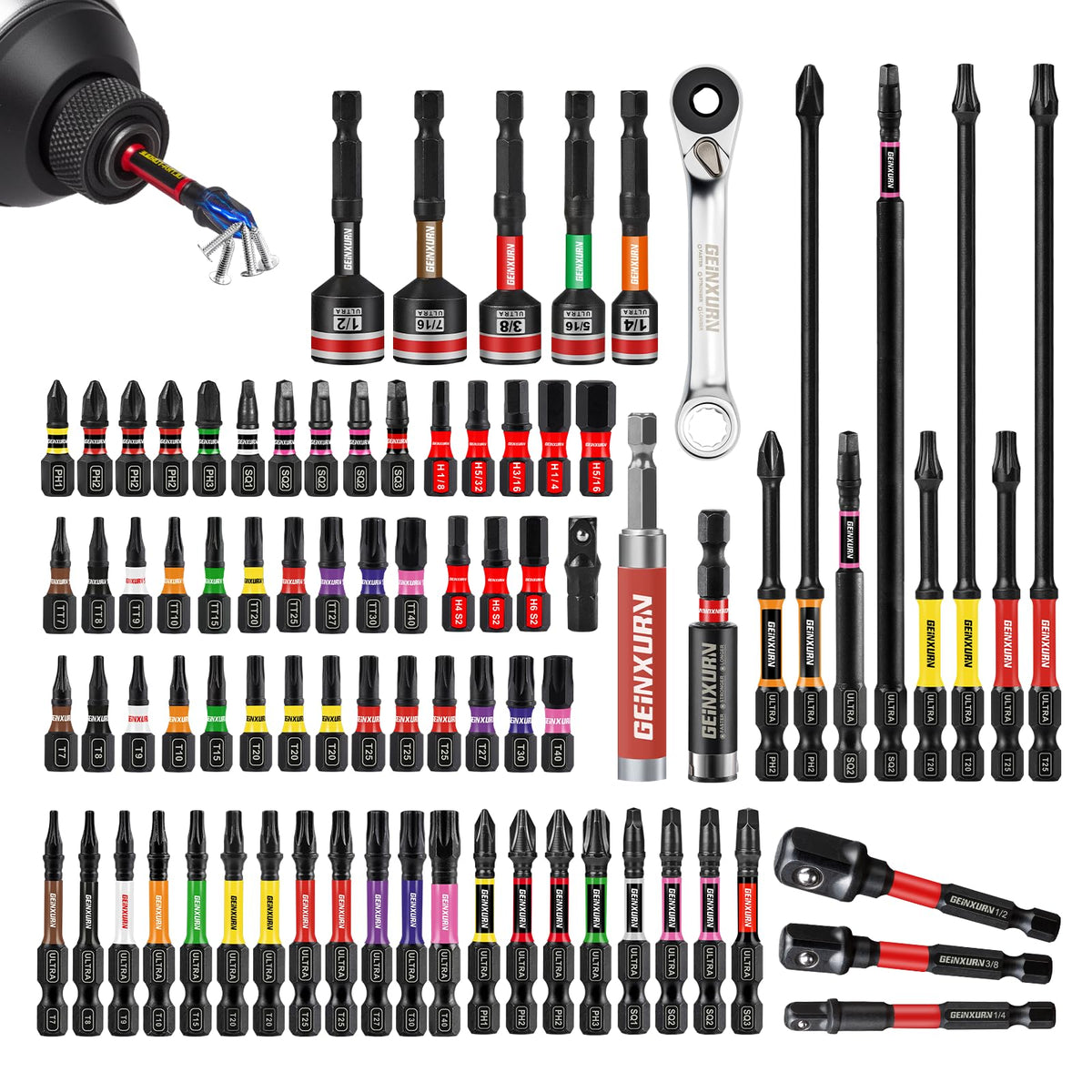 GEINXURN 82-piece impact bits set laid out in a case for versatile tasks