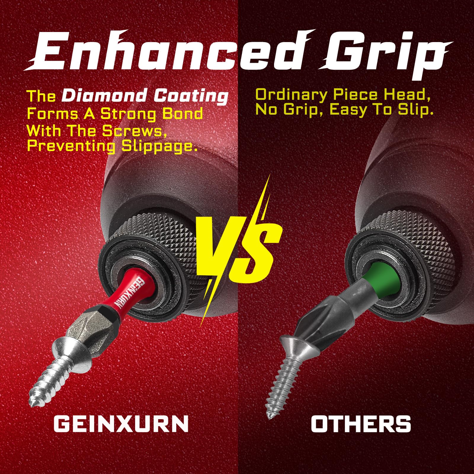 GEINXURN enhanced-grip bit reduces slippage during tightening.