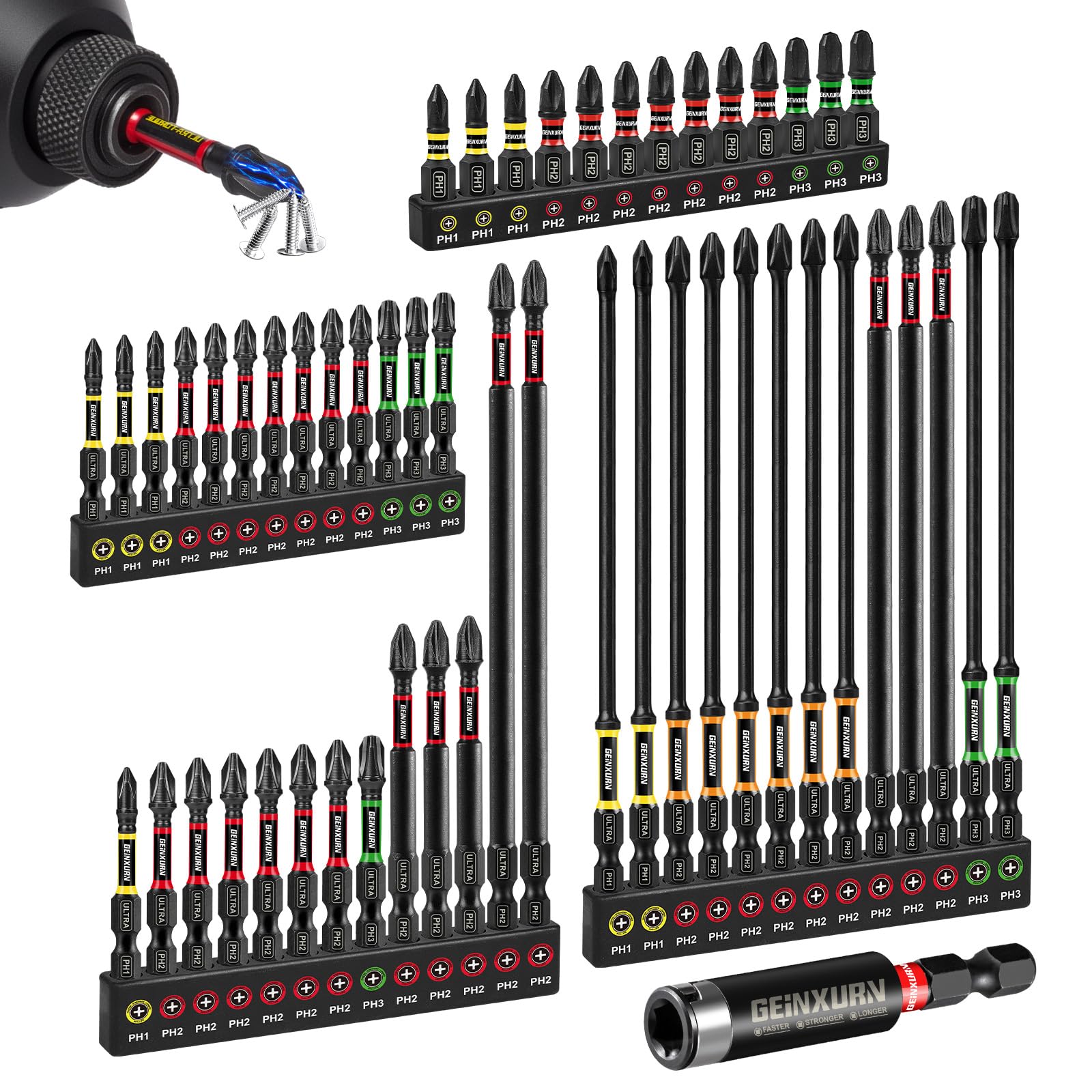 Geinxurn 1-inch PH bits in a color-coded base for quick selection during tight-space tasks.