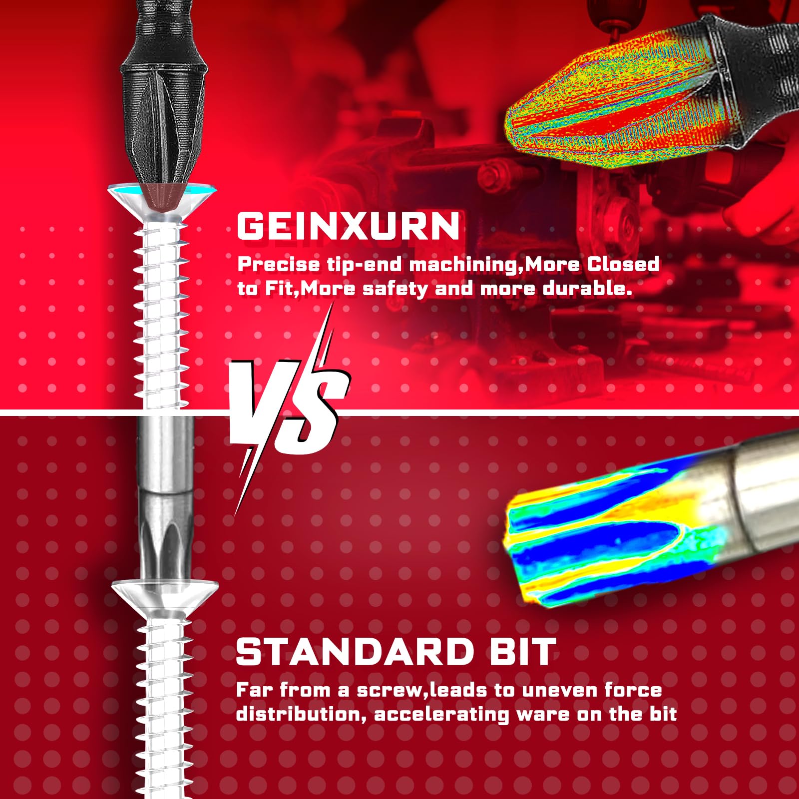 Geinxurn impact shock absorbent zone protects tips during high-torque use.