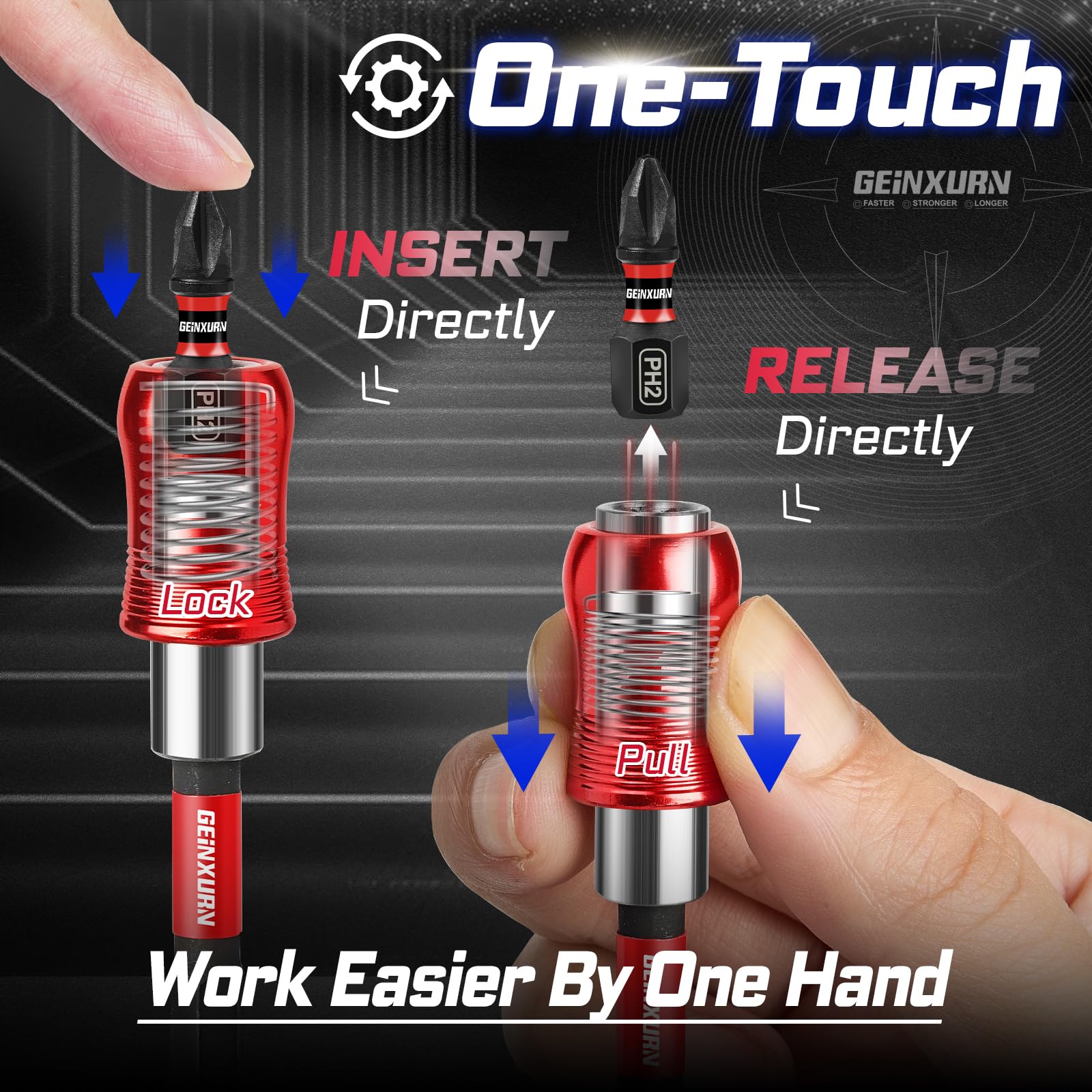 Geinxurn nut driver set includes 1/4, 5/16, 3/8, 7/16, 1/2 inch for versatility.