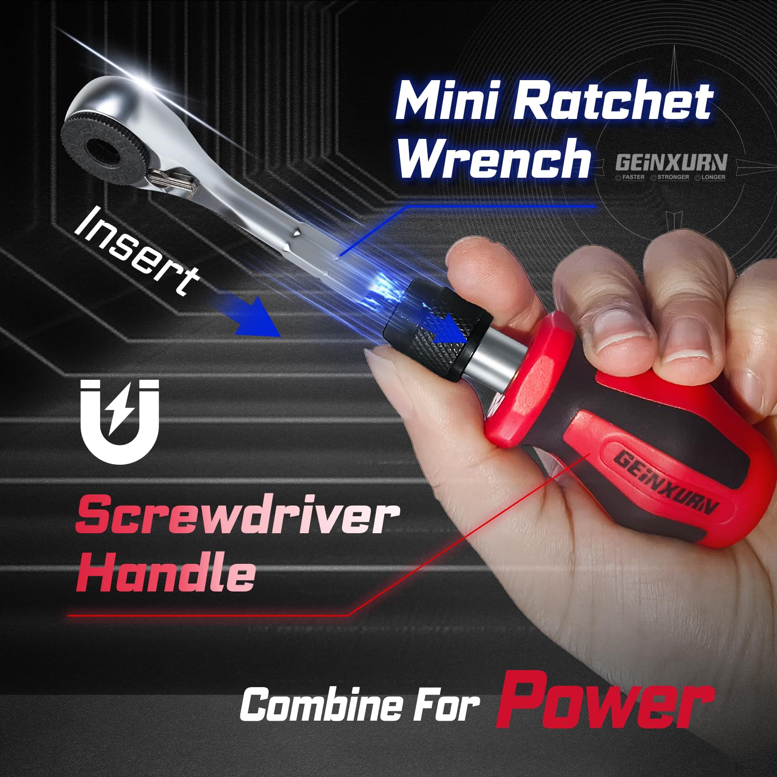 Geinxurn one-touch bit holder enables quick release and single-handed operation.