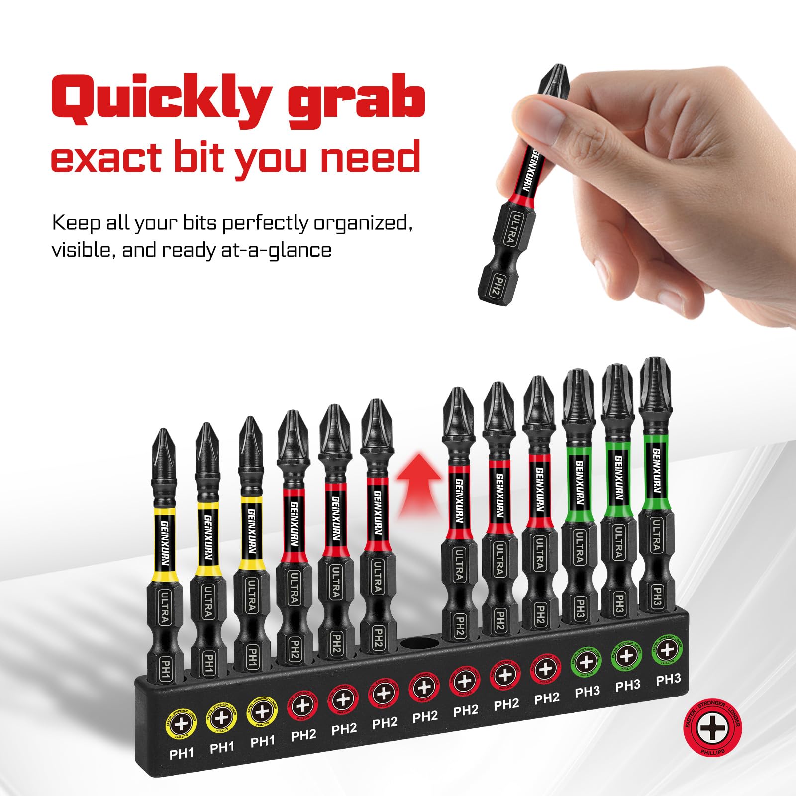 Geinxurn precision-machined tips reduce cam-out and improve screw fit.