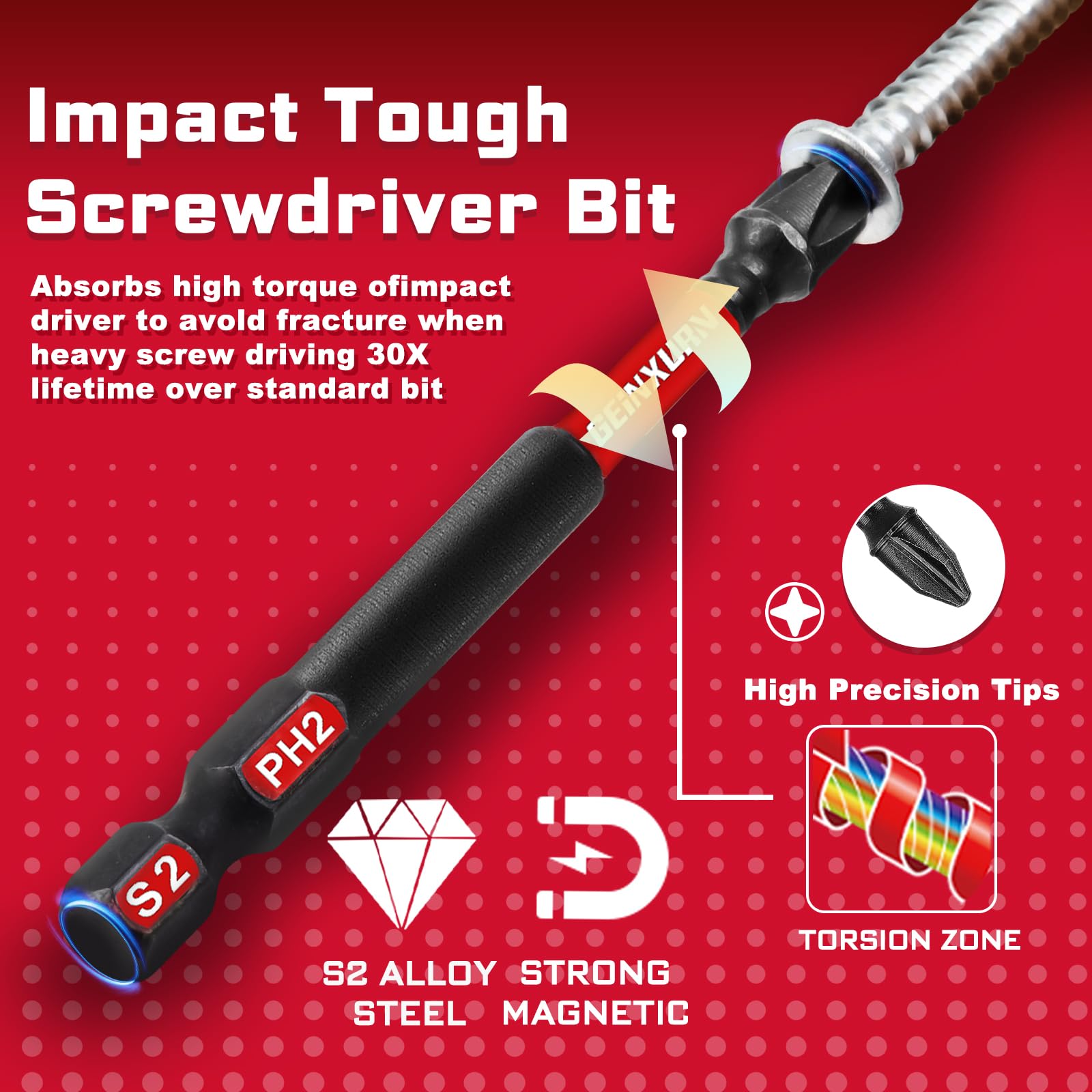 Geinxurn precision tip head ensures better fit and reduced cam-out.