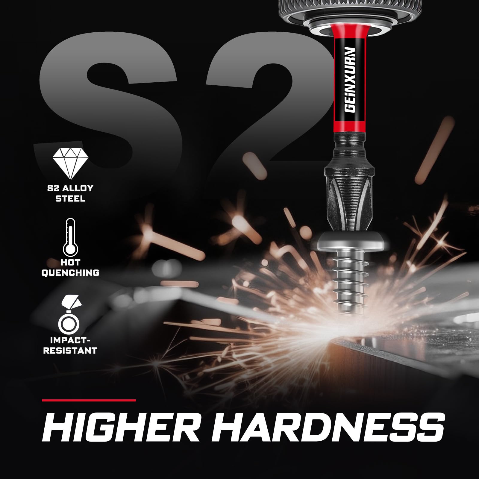 Geinxurn S2 alloy steel bits showcasing hardness and durability for demanding work.