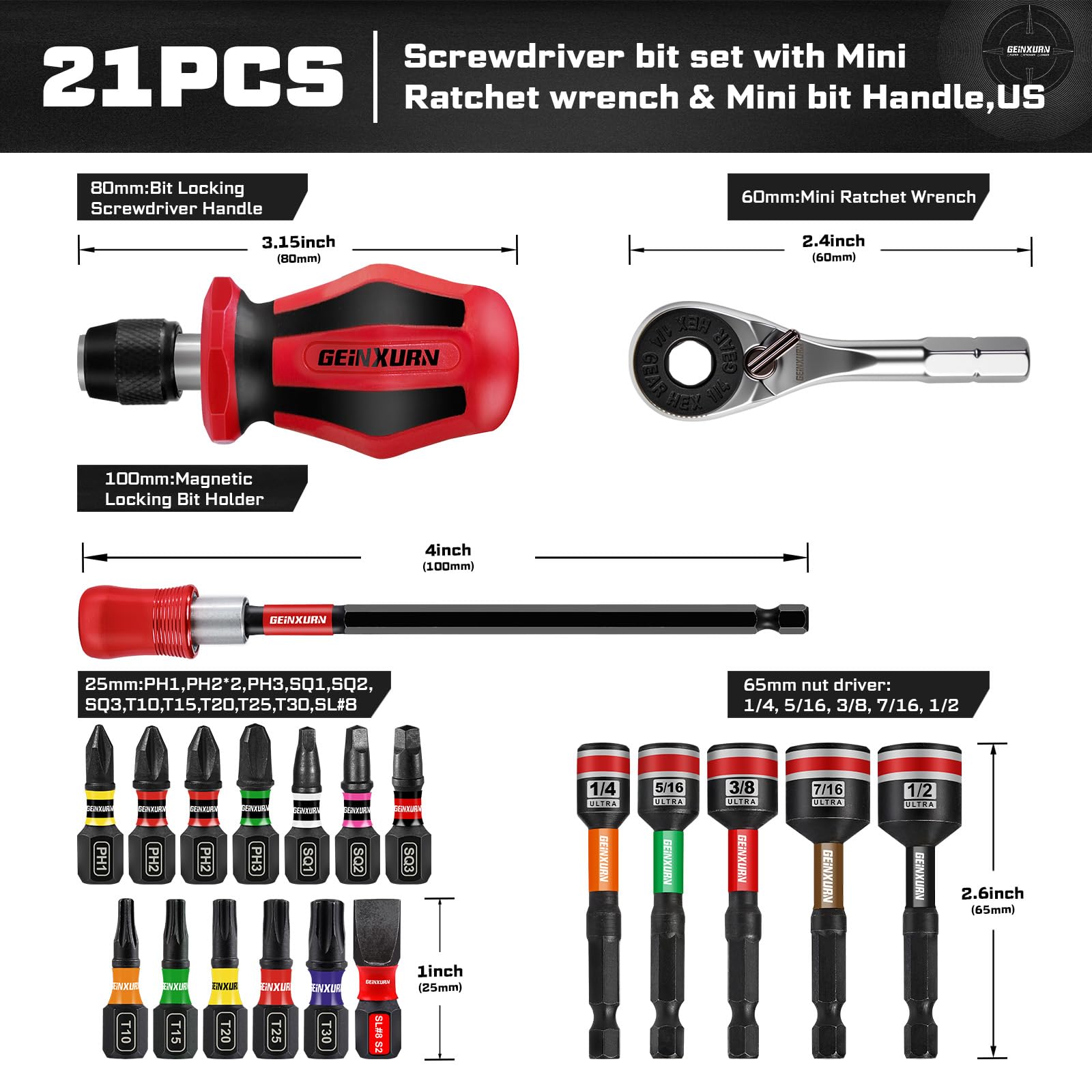 Geinxurn S2 steel screwdriver bit set for durable drive and broad bit selection.