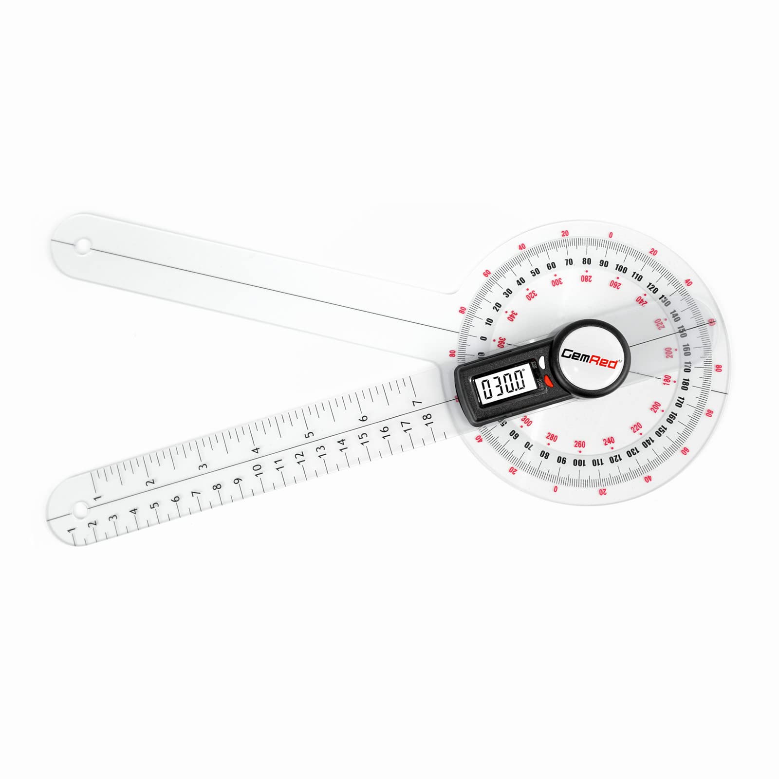 GemRed 12-inch goniometer front view for quick ROM assessment