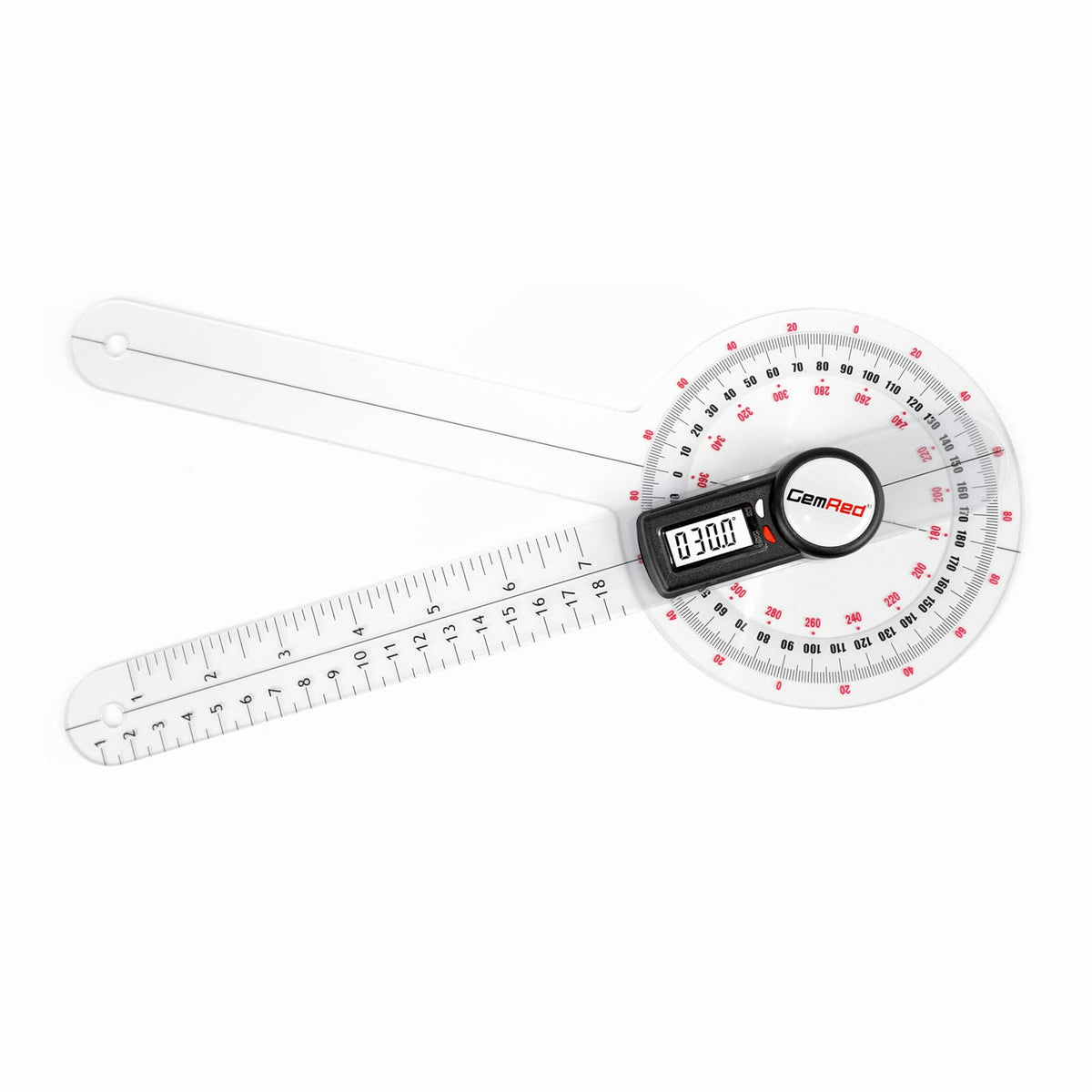 GemRed 12-inch goniometer front view for quick ROM assessment