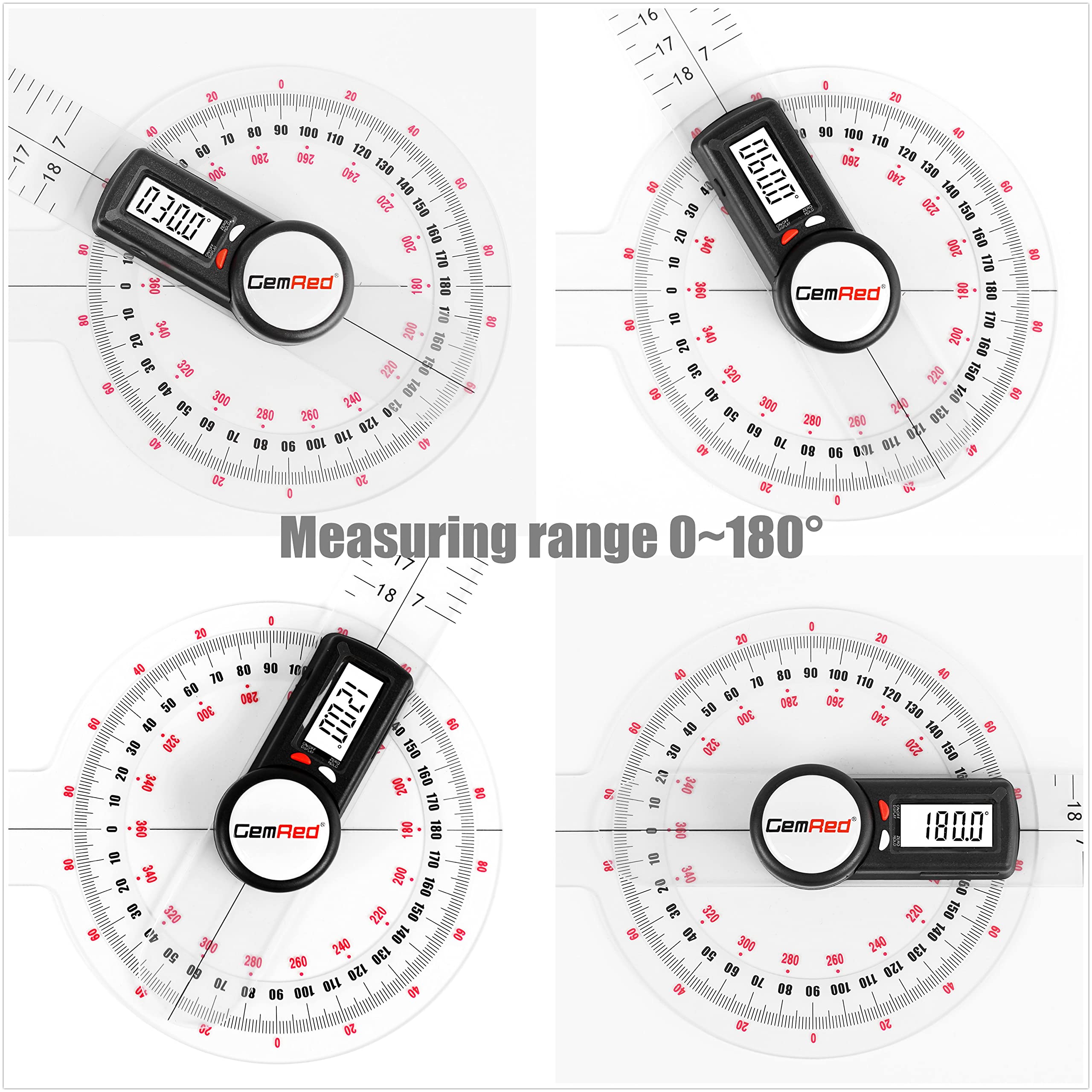 GemRed 12-inch goniometer measuring joint ROM with digital readout