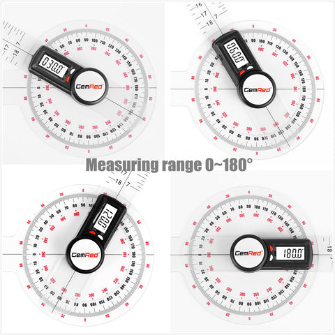 GemRed 12-inch goniometer measuring joint ROM with digital readout