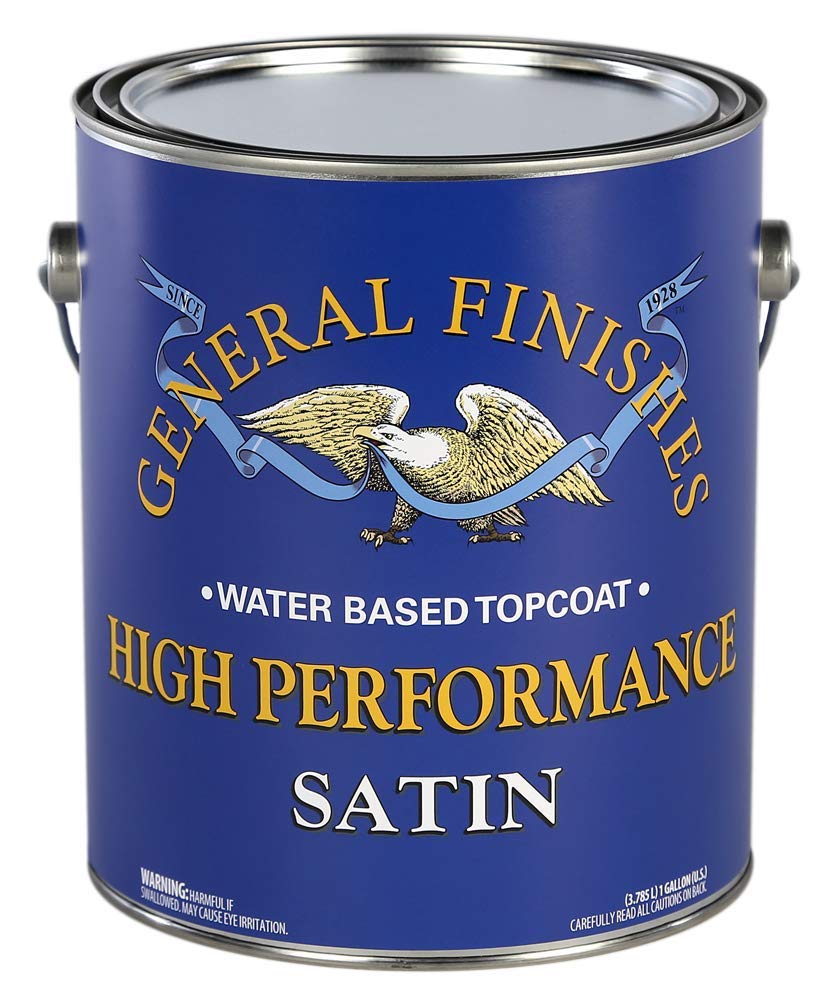 General Finishes High Performance Topcoat Satin bottle protecting wood with UV stability.