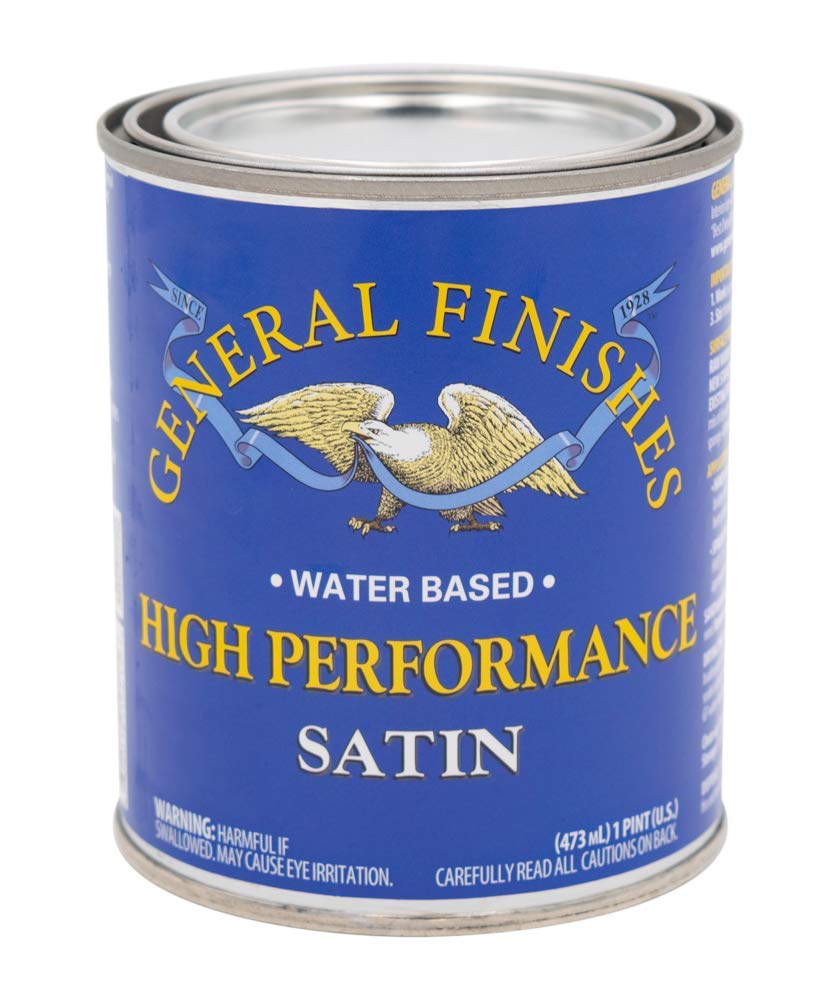 General Finishes High Performance satin topcoat bottle protects wood surfaces with durable finish.