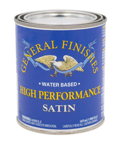 General Finishes High Performance satin topcoat bottle protects wood surfaces with durable finish.