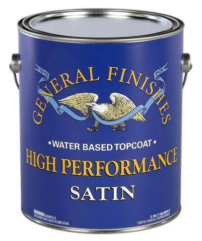 General Finishes High Performance Topcoat Satin bottle protecting wood with UV stability.