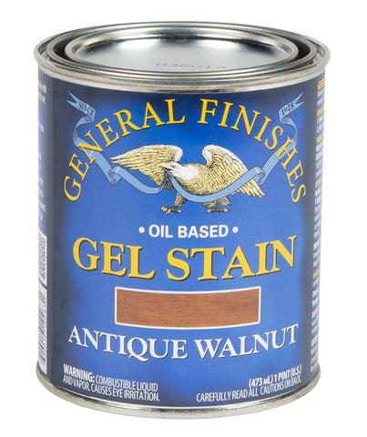 General Finishes Oil Base Gel Stain Antique Walnut being poured for smooth application and even color control.