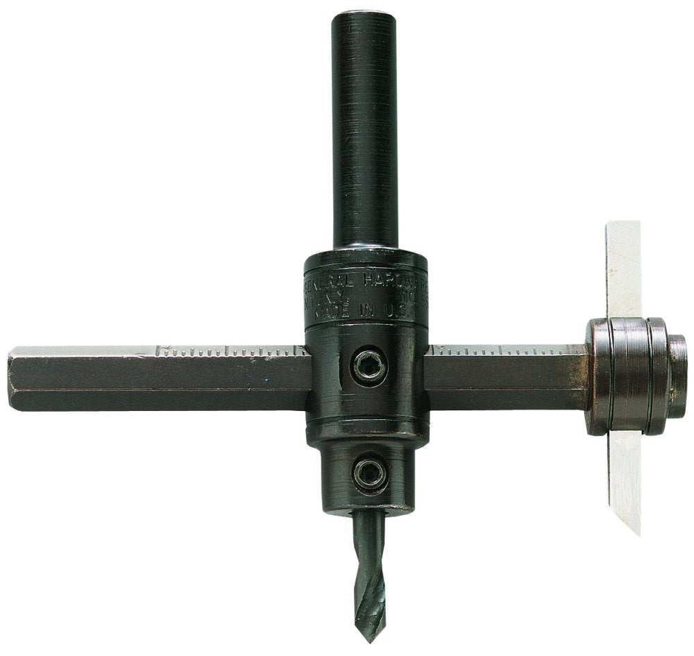General Tools 55 Heavy Duty Circle Cutter shows the 1-3/4 to 7-7/8 inch range for precise hole sizing.