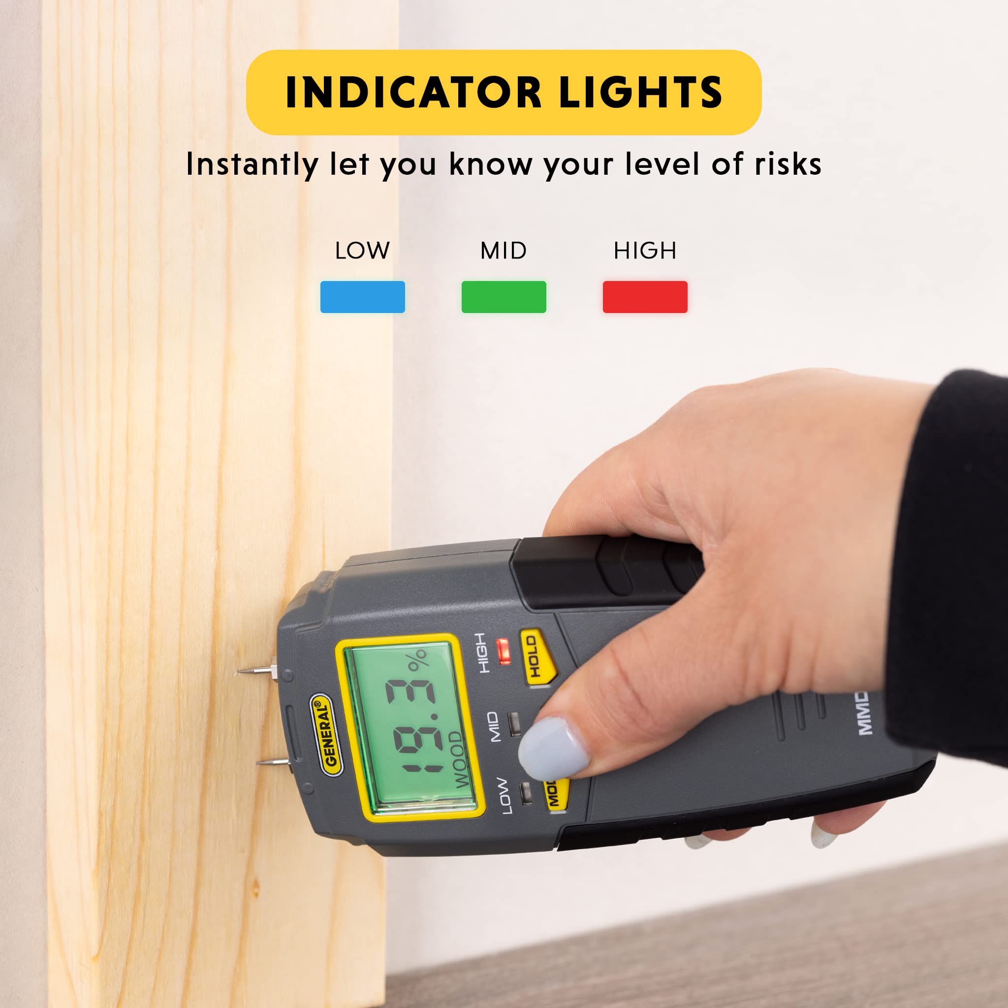General Tools MMD4E alerts warn of moisture status with sound and visuals.