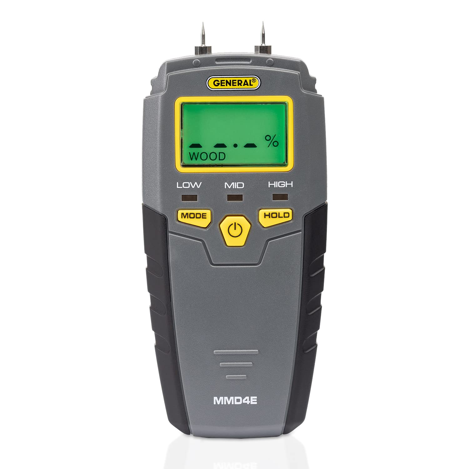 General Tools MMD4E moisture meter with backlit LCD enables quick readings in dim spaces.