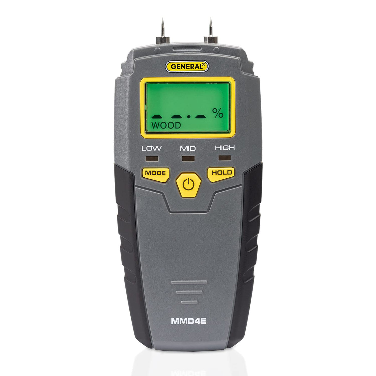 General Tools MMD4E moisture meter with backlit LCD enables quick readings in dim spaces.