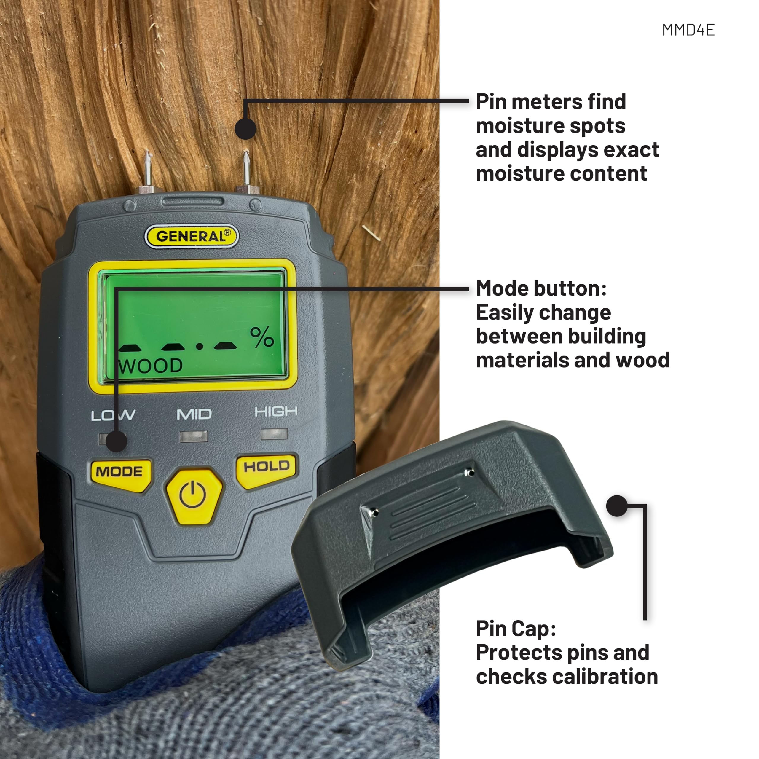 General Tools MMD4E stainless steel pins deliver accurate surface readings with cap protection.