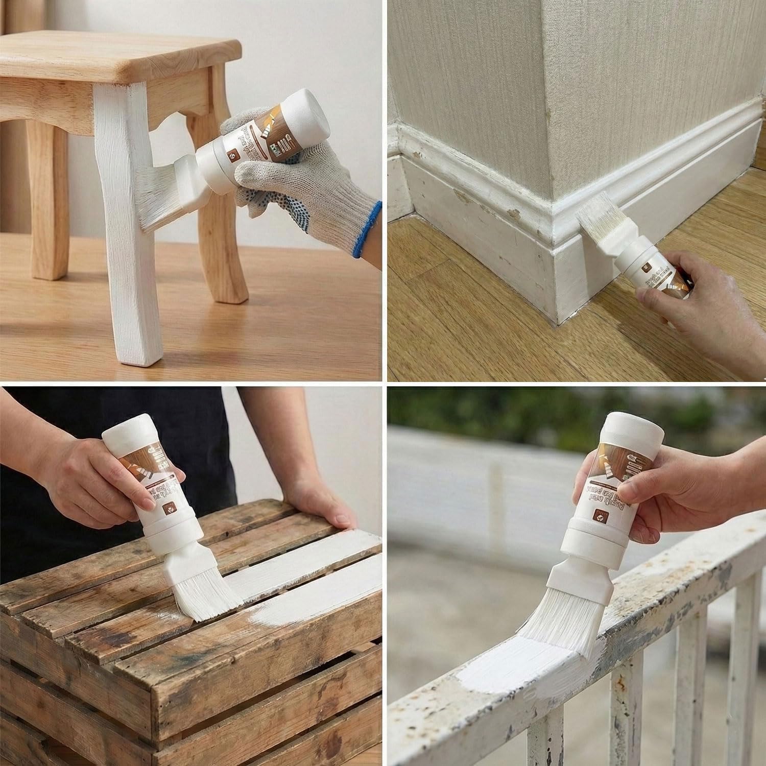 Generic All-in-One White Paint Kit application on wood surfaces for refinishing.