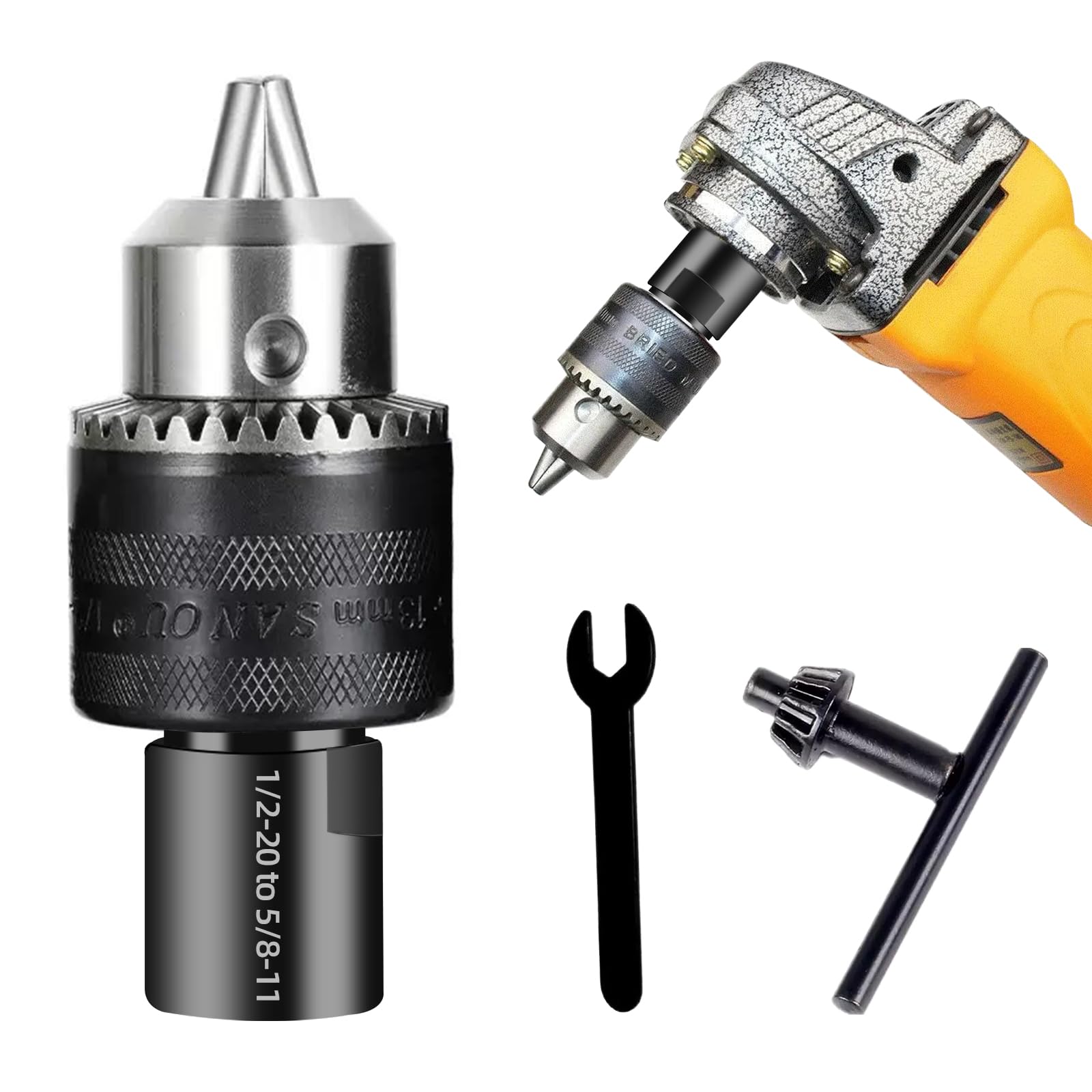 Generic angle grinder drill chuck adapter enables quick drill setup on site.