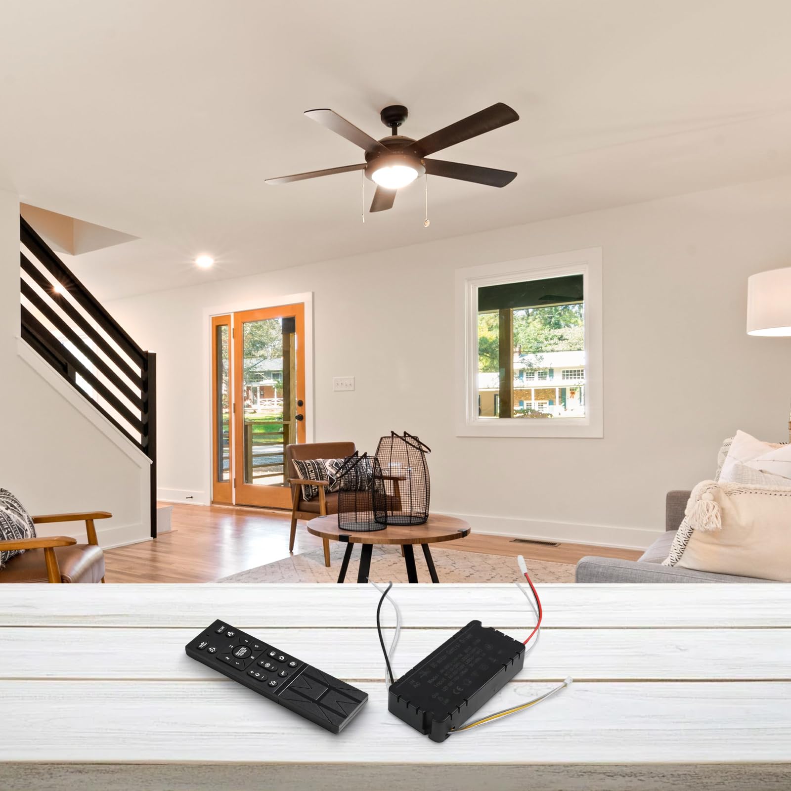 Generic ceiling fan light remote packaging highlights quick-start guide.