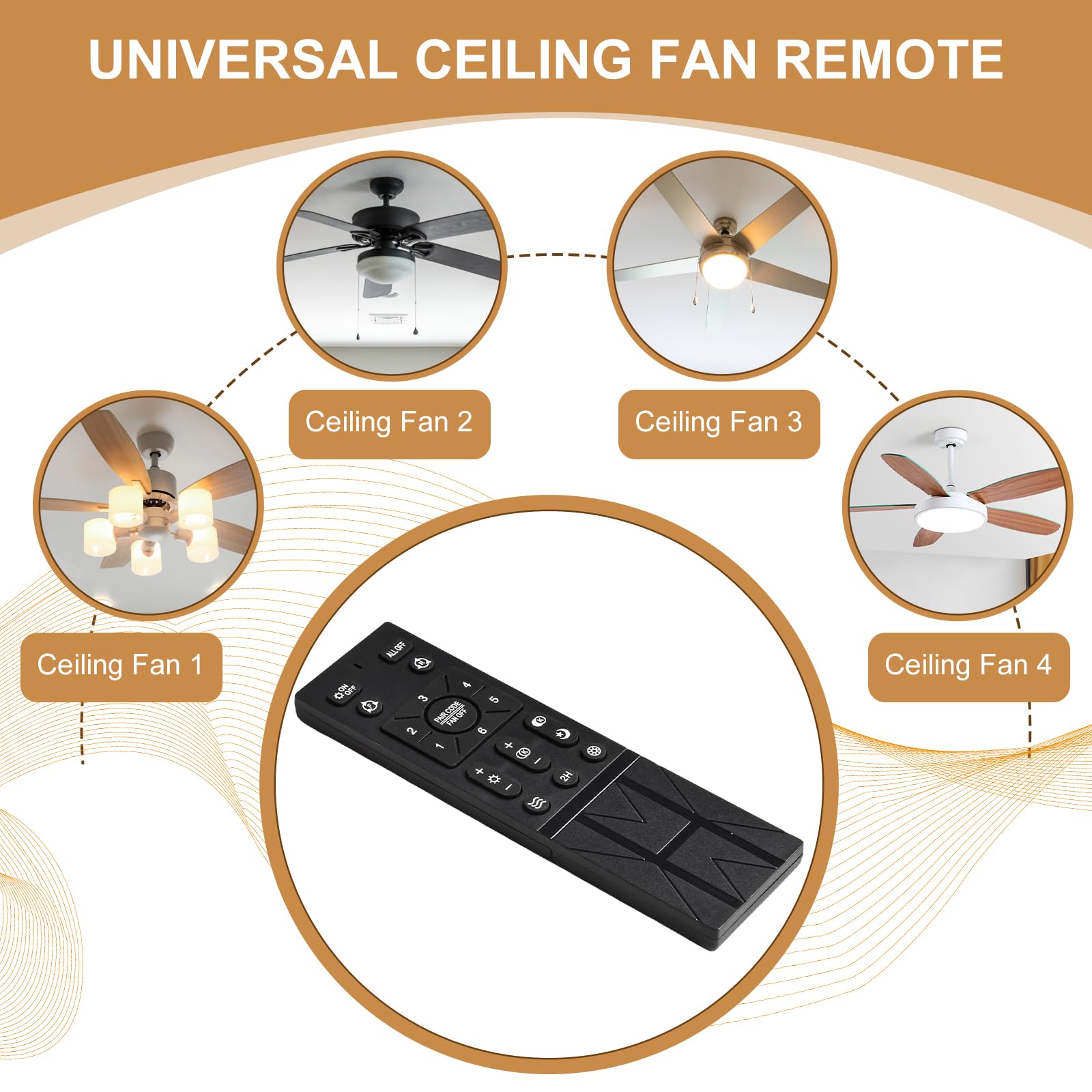 Generic ceiling fan remote back view shows broad voltage compatibility across devices.