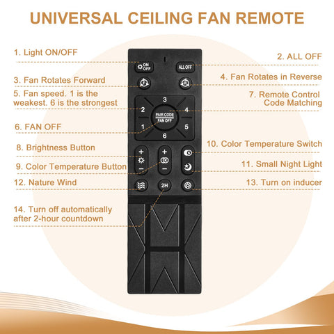 Generic ceiling fan remote six-speed dial enables precise airflow adjustments.
