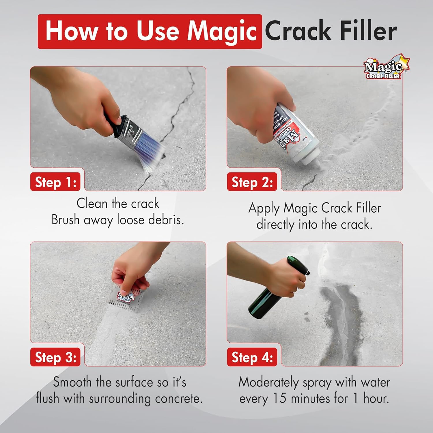 Crack being filled with Generic Gray Concrete Magic Crack Filler in a patio