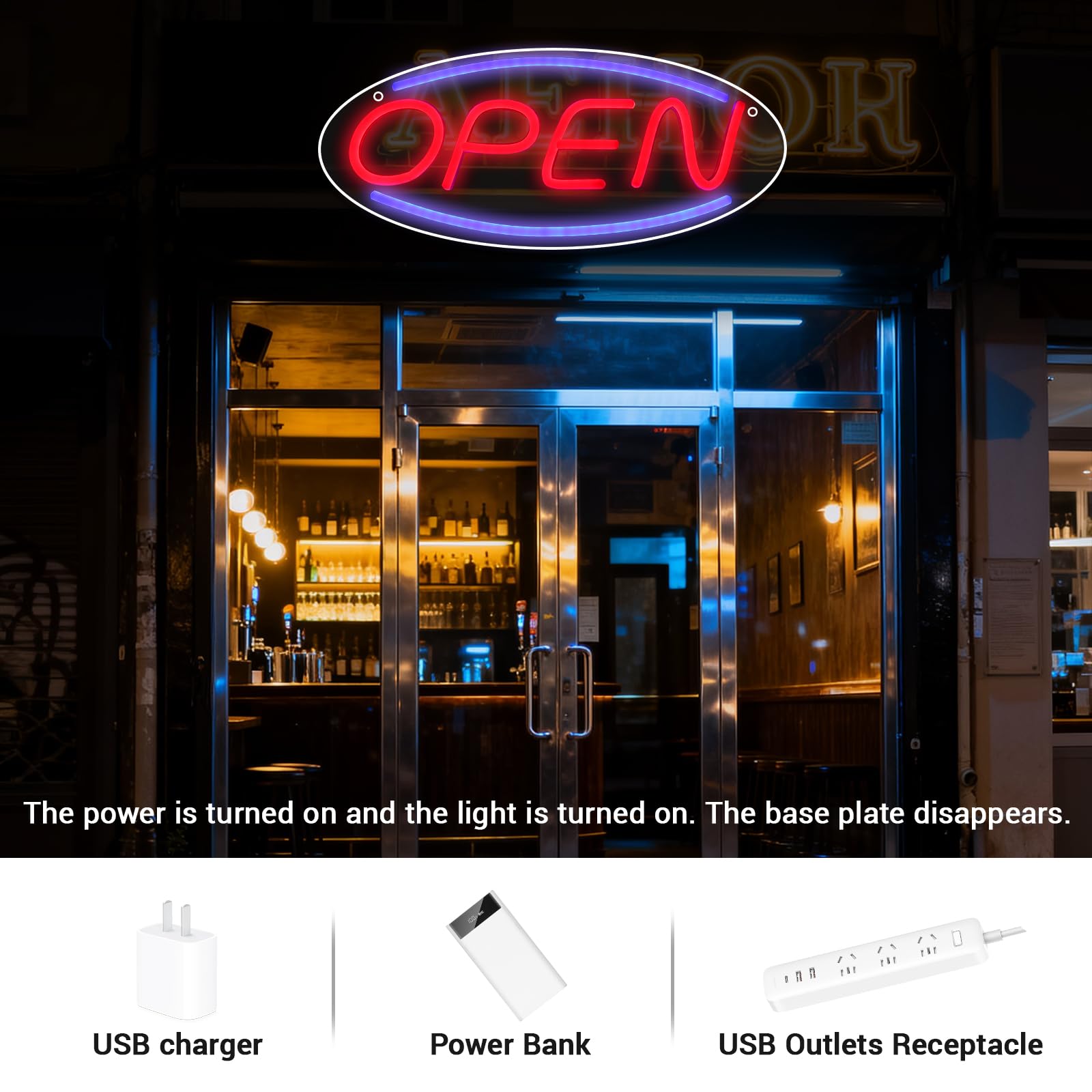 Generic LED Open Sign hanging setup with included hooks and chain.