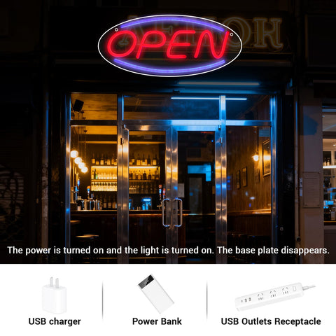 Generic LED Open Sign hanging setup with included hooks and chain.