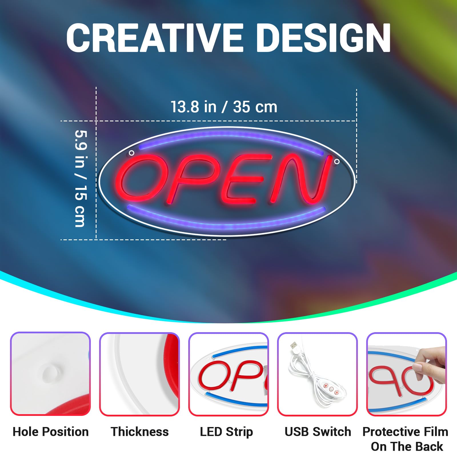 Generic LED Open Sign transparent backboard for a clean, modern look.