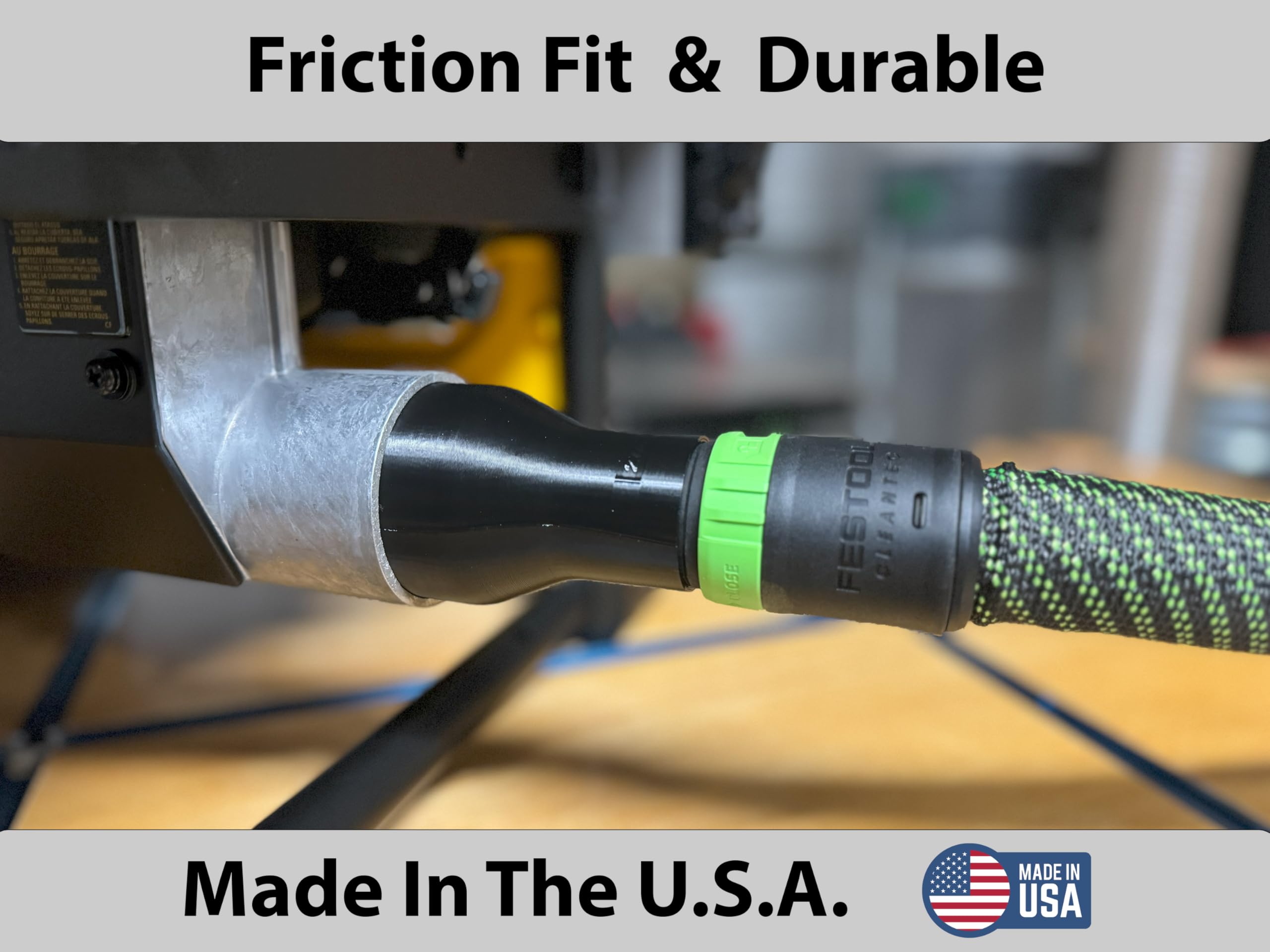 Made in USA polymer hose adapter for durable dust collection connections.