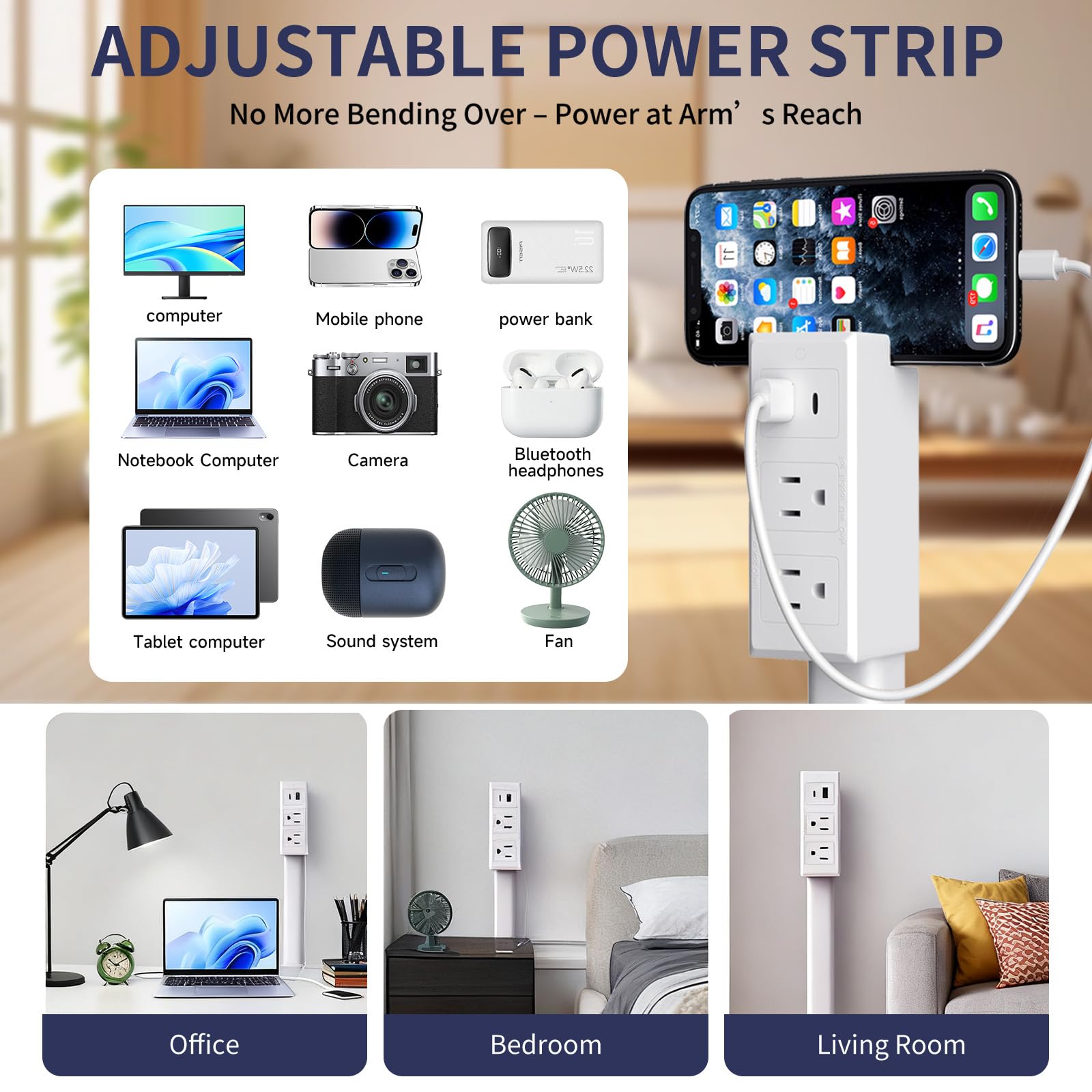 Generic Outlet Extender Stick used beside the bed for tidy bedside charging