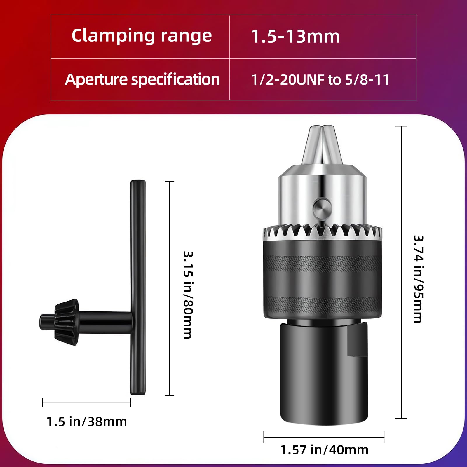 Generic pre-calibrated drill chuck demonstrates ready-to-use range from 1/16 to 1/2 inch.