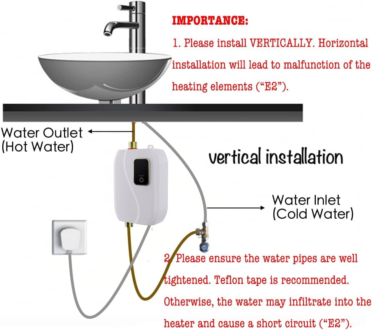 Generic Tankless Water Heater brass interface emphasizes durable connections
