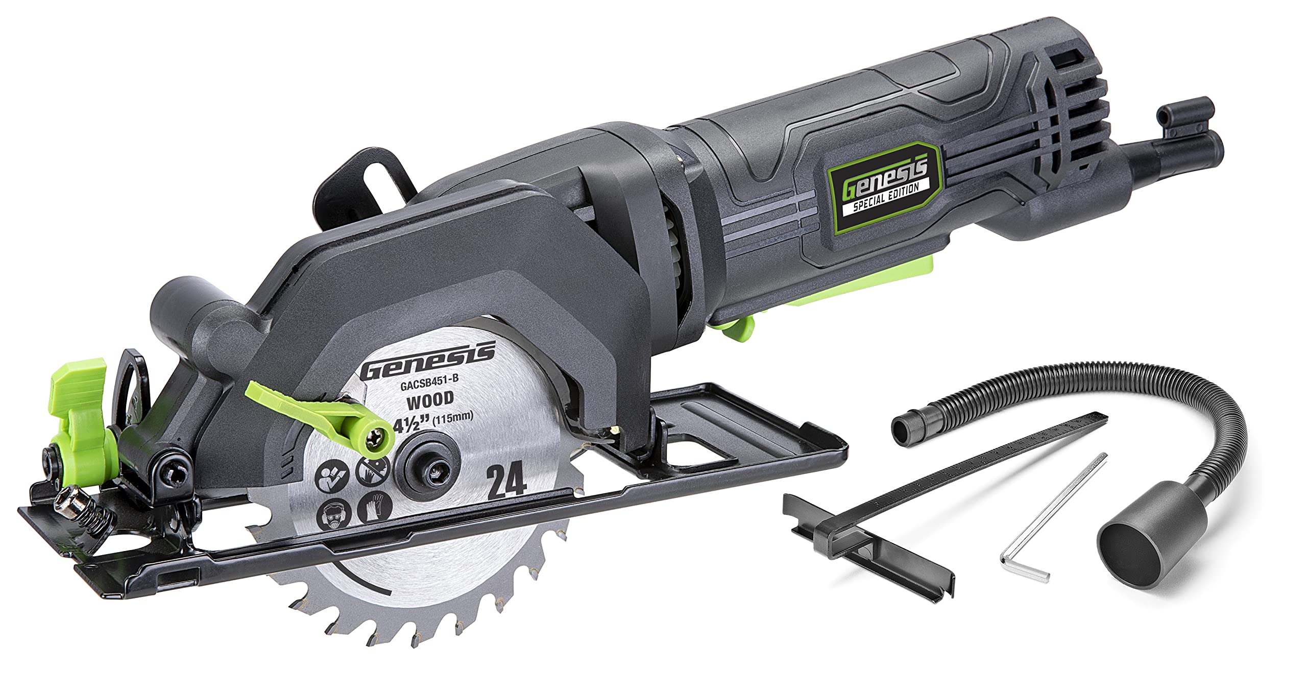 Genesis GCS445SE compact-saw for precise cuts in tight spaces.
