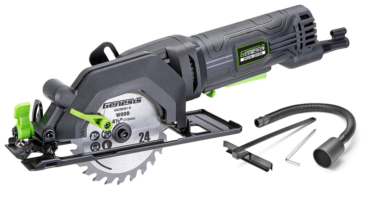 Genesis GCS445SE compact-saw for precise cuts in tight spaces.