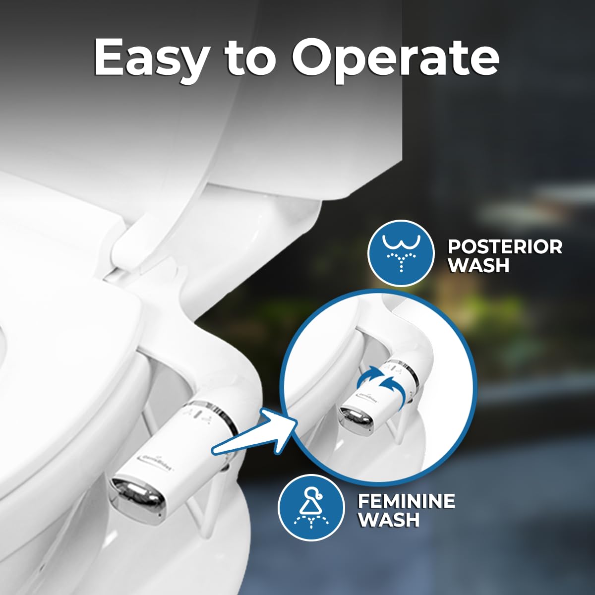 GenieBidet compact slim design shown beside the toilet rim for space saving.