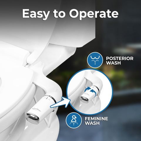 GenieBidet compact slim design shown beside the toilet rim for space saving.