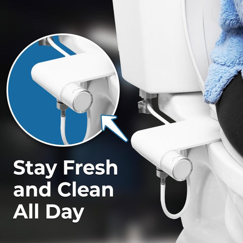 GenieBidet dual-nozzle design with retractable rear and feminine sprayers for targeted cleansing.