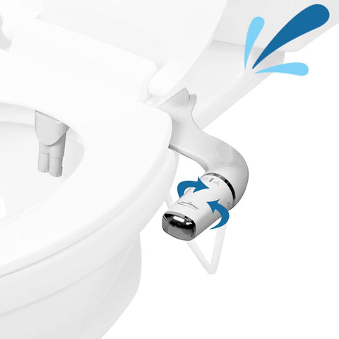 GenieBidet left-handed attachment on toilet for seamless fit and enhanced cleanliness.
